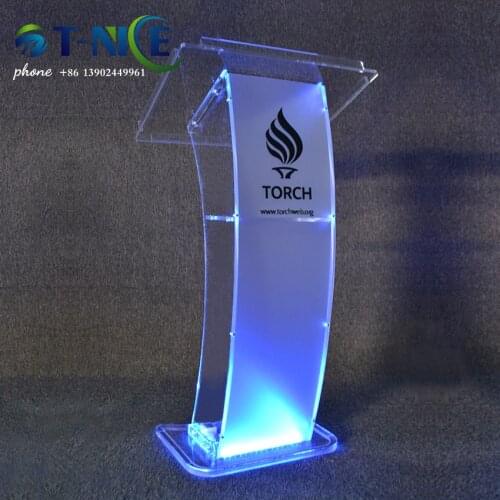 2021AKLIKE The Newest Cheap Rostrum Perfect Curved Surface Design Platform Lectern Acrylic Stand Desk Clear Podium With LEDLight