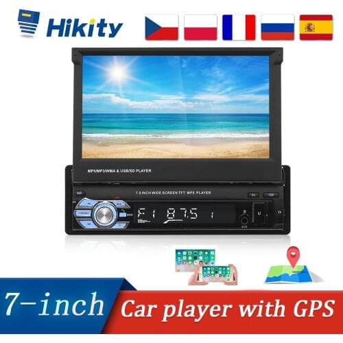 Hikity 1din Car Radio GPS Navigation 7" HD Retractable Screen MP5 Player Bluetooth Stereo Mirror Link Autoradio Rear View Camera