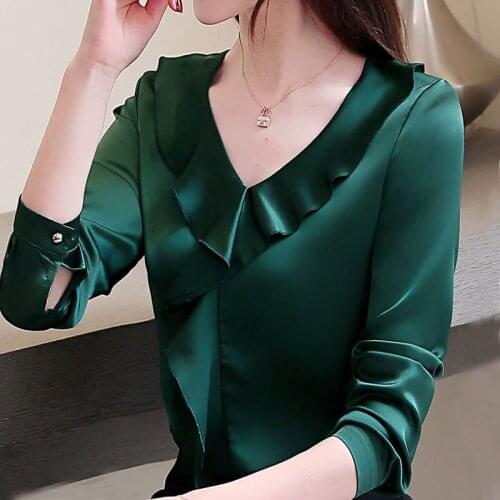 Fashion Womens Tops And Blouses Solid Plus Size Chiffon Blouse Shirt V Collar Office Blouse Women Long Sleeve Women Shirts A913