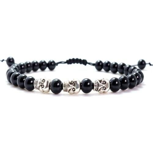 New design Charm Skull Braiding Bracelets Natura 6mm black Stone Beads For Women Men Jewelry