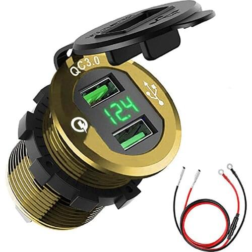 Dual USB Aluminum Charger Socket Power Outlet With Digital Voltmeter QC 3.0 USB Port With LED Voltage Meter For Car Motorcycle