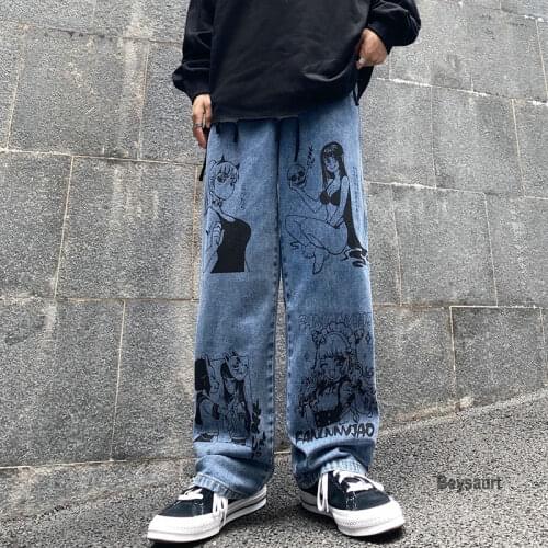 Men and Women Jeans Pants 2021 Fashion Trend Harajuku Original Printing Hip Hop Streetwear Wide Leg Pants Men Denim Trouser
