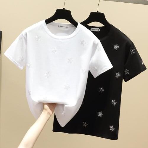 Gkfnmt 2021 White T shirt Women Clothes Star Diamond Cotton Korean Casual T-Shirt Summer Tops Black Short Sleeve Y2K Tee Shirt