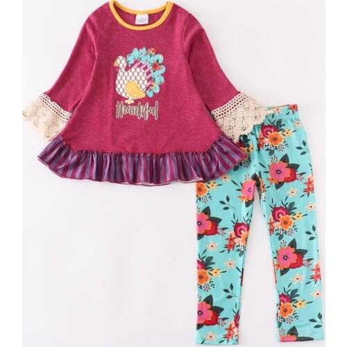 Girlymax Thanksgiving Baby Girls Plum Turkey Floral Dress T-shirt Romper Pants Ruffles Set Cotton Family Look Kids Clothing