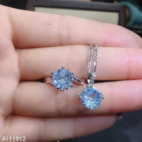 KJJEAXCMY fine jewelry natural blue topaz 925 sterling silver women gemstone pendant necklace ring set support test popular