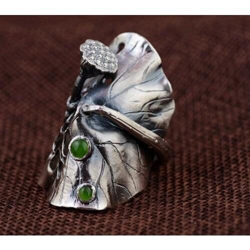 FNJ 990 Silver Ring for Women Jewelry 100% Original Pure S990 Silver Sterling Rings Lotus Flower Natural jasper