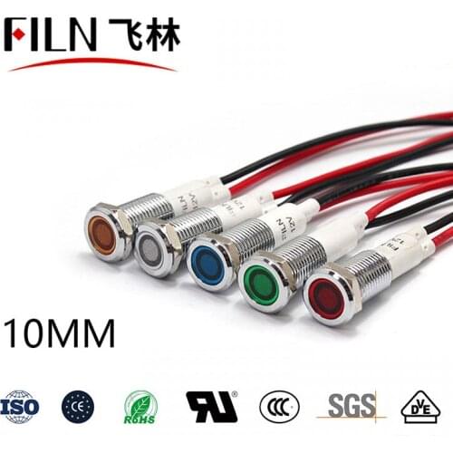 FILN Metal flat head high quality 10mm 12v 24v 220v indicator light lamp digital voltage with wire