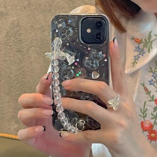 Cute 3D Bear Crystal Wrist Chain Hand Strap Shockproof Clear Soft Cases For iPhone 12 mini 11 Pro X XR XS Max 7 8 Plus SE 2020