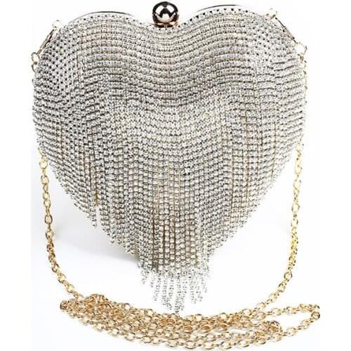 Fashion Women Tassel Evening Bags Heart Shaped Crystal Diamonds Clutch Wedding Purse Shoulder Party Ladies Luxury Purse X53HT