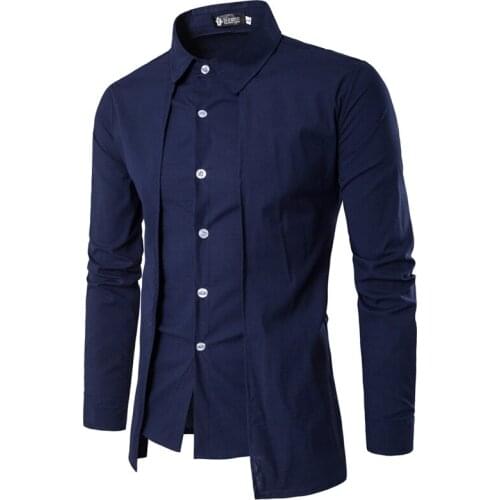 New Brand 2019 Men Shirt Fake Two Doors Dress Shirt Long Sleeve Slim Fit Camisa Masculina Casual Male Hawaiian Shirts 2XL