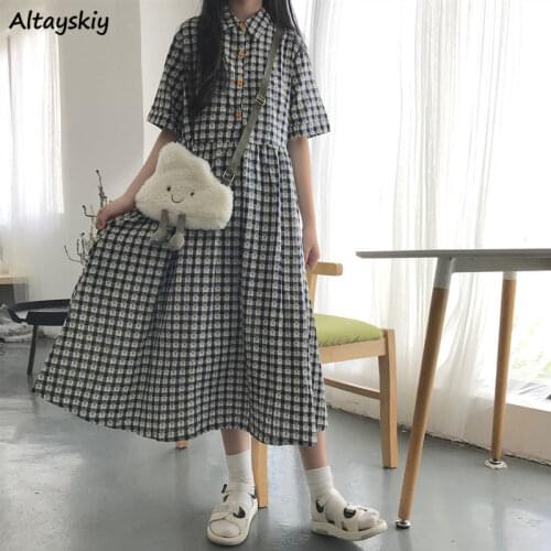 Short Sleeve Dress Women Plaid Oversize Loose Waist Vintage Preppy Japanese Style Soft Summer Sweet Cute Trendy Ladies Daily New