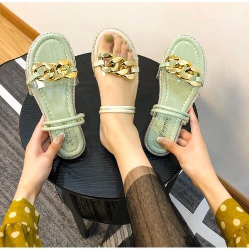 Women Pvc Slippers 2021 Summer Casual Beach Womens Flat Sandals Metal Decoration Dress Party Peep Toe Female Flip Flop