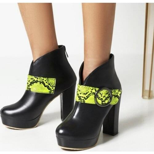 Big Oversized 48 14 Women Chunky Booties Fall Autumn Winter Platform Shoes Woman Round Metal Buckle Snake Skin Print Ankle Boots