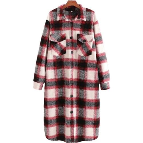 Nice Vintage Woman Oversized Plaid Long Woolen Coat New Winter Vogue Loose Thick Patchwork Outwear Female Warm Casual Jacket