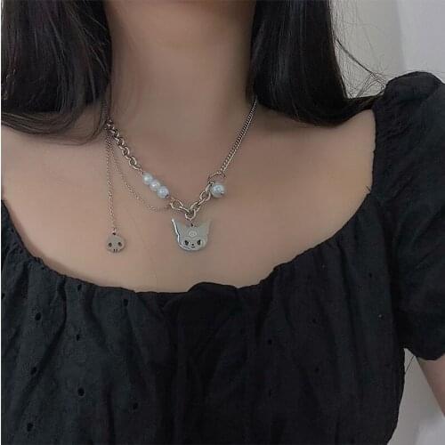 Creative Anime Cat Pearl Stitching Multilayer Clavicle Chain Necklace For Women Fashion Personality Party Jewelry Couple Gift