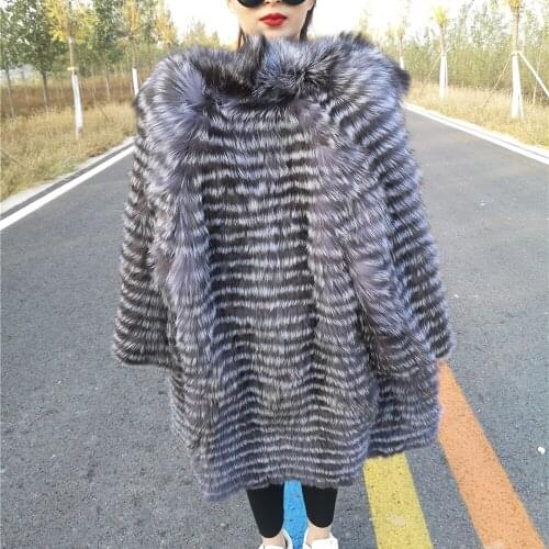 Real Silver Fox Fur Coat Women Plus Size Full Sleeves Natural Fur Knitted Long Coat Winter Jacket With Fur 2021