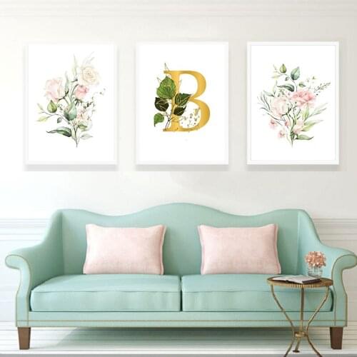 Gold Plant Alphabet 26 English Letters Poster Customize Your Childs Name Wall Art Print Canvas Painting Baby Room Decoration