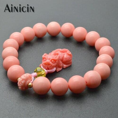 10mm Pink Color Shell Power Resin Beaded Stretch Bracelets Lucky Pixiu Charms Recruit The Wealth Fashion Women Jewelry 5pcs