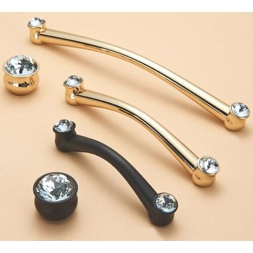 96 128 192mm modern fashion Transparent crystal diamond kitchen cabinet win cabinet door handle black gold drawer cupboard knob