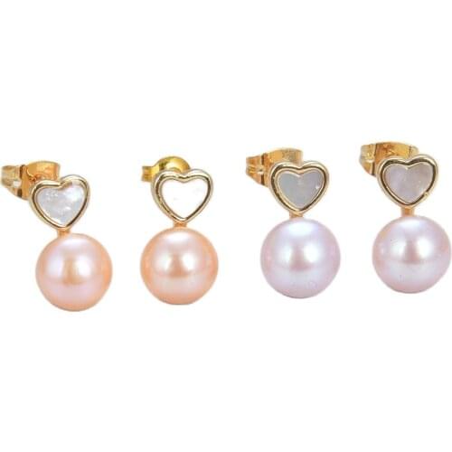 JK Natural Button Pink Lanvender Freshwater Pearl Heart shaped White Shell Stud Earrings cute style for women girl gift