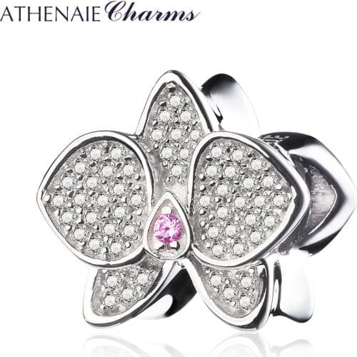 ATHENAIE 925 Sterling Silver with CZ Orchid Bead Charms MOM Pendant Beads Fit Charm Bracelet Jewelry Accessories