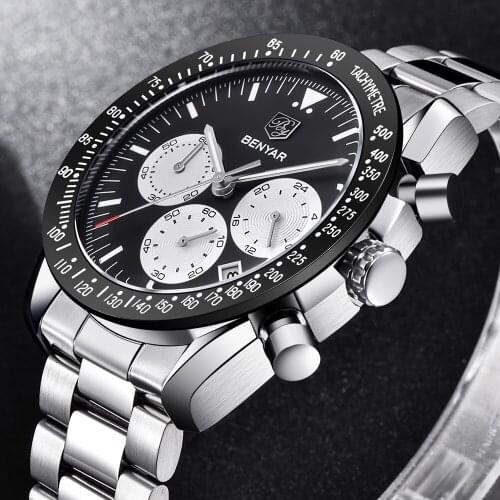 BENYAR Brand Men Sport Chronograph steel Strap Quartz Watches All pointers work Waterproof Fashion Watch Clock Men Male Brand