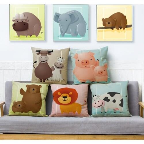 Cartoon Animal Elephant Cushion Cover Beige Linen Pillowcase 45*45cm Throw Pillows Covers Car Sofa Home Decor Bear Pillow Case