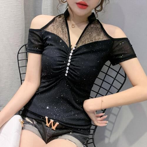 Black Red Shinny V-Neck Tee Shirt Femme Sexy Spliced Lace Hollow Out Short Off Shoulder T-Shirts For Women Short Sleeved Summer