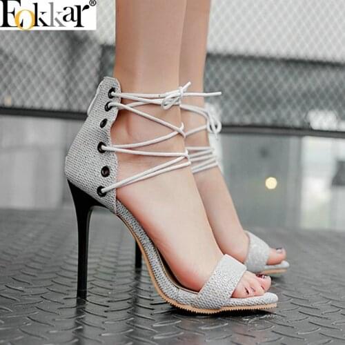 Eokkar 2019 European Sexy High Heel Women Sandals Platform Open Toe Ladies Pumps Ankle Strap Zipper Ladies Shoes Big Size 34-45