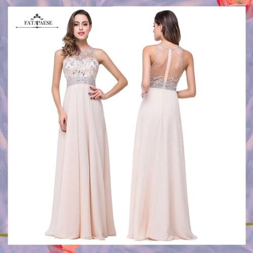 FATAPAESE Champagne Luxurious Beaded Crystal Evening Dresses O-Neck Formal Dress Sexy Backless Back Vestido De Festa Prom Gown