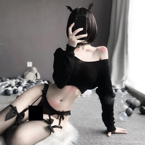 Cute Lingerie Angel Cosplay Costume Kawaii Lolita Demon Uniform Sexy V-neck Ultra Short Knitted Sweater Pajamas Set for Women
