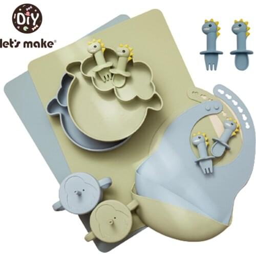 Lets Make Silicone Tableware Set Kids Cartoon Waterproof Tableware No FPA Non Slip Edible Silicone Tableware Children Dishes