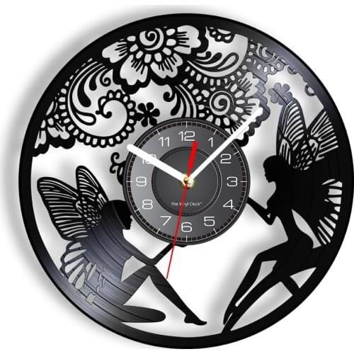 Angelhood Fairy With Flowers Vinyl Record Wall Clock Wonderful Tinker Bell Adventure Film Art Decorative Decor For Young Girls