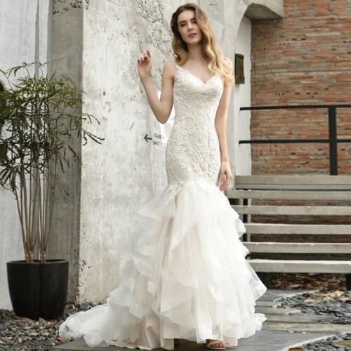 New Arrival 2020 Elegant Bride Dress Custom made Mermaid Lace Applique Ruffles Skirt Bridal Wedding Dresses Vetido de Novia
