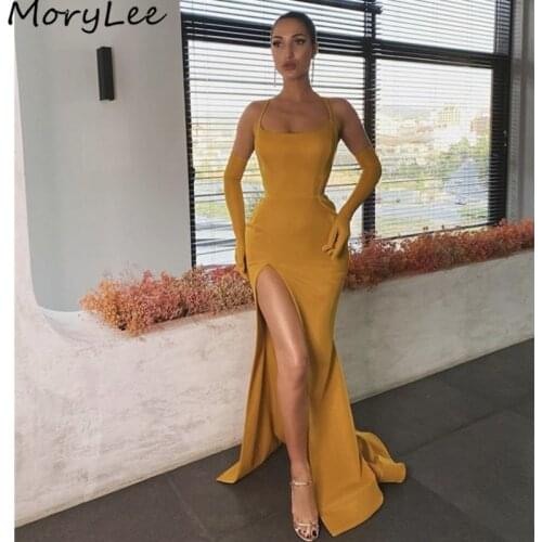 Prom Dresses Spaghetti Straps Sleevless Spandex Satin Side Slit Mermaid Prom Dresses With Zipper vestidos de fiesta de noche