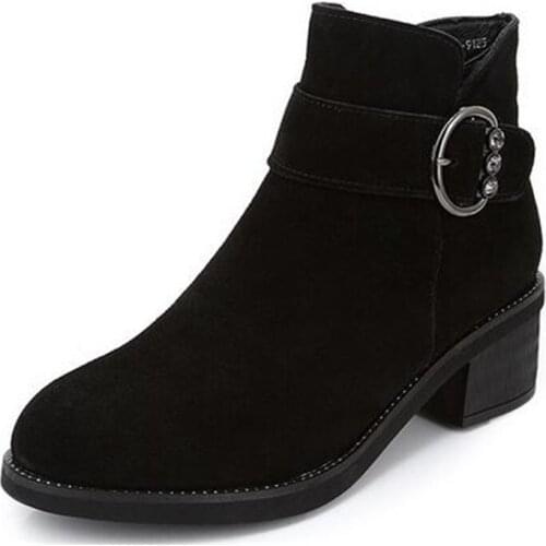 Promotion 2020 New Fashion Frosted Cowhide Black Leather Boots Martin Boots Thick Heel Non-Slip Winter Warm Shoes Woman Boots