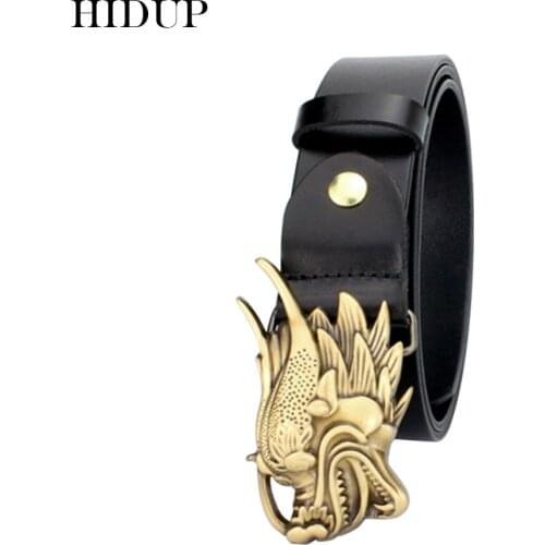 HIDUP Chinese Dragon Head Pattern Brass Buckles Belts for Men Top Quality Solid Cow Cowhide Leather Belt Man Accessories NWWJ139