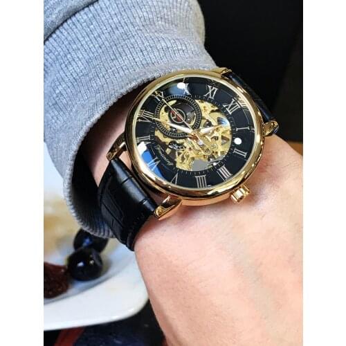 FORSINING 3D Logo Black Gold Men Skeleton Mechanical Watch Man Watches Top Brand Luxury Leather WINNER Design Montre Homme 2020