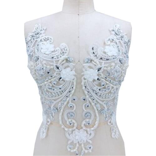 Luxury Heavy Bead Floral Lace Applique Sparkling Rhinestone Crystal Bodice Patch For Bridal Wedding Dress