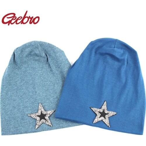 Geebro Womens Black Star Beanie Hat Autumn Fashion Rhinestone Slouchy Beanies for Ladies Woman Plain Flat Cotton Bonnet Hats