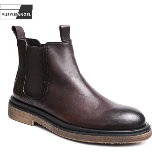Vintage Mens Cowhide Genuine Leather Chelsea Boots Slip On Riding Ankle Boots Office Work Winter Fleece Lining Work Safety Shoes