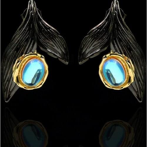 Vintage Female Oval Moonstone Small Earrings Charm 14KT Black Gold Wedding Earrings For Women Dainty Fish Tail Stud Earrings