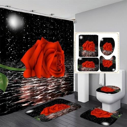 3d Bright Night Rose Pattern Waterproof Shower Curtain Non-slip Cushion Toilet Cushion U-shaped Cushion Bathroom Essential Set