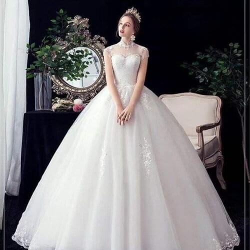 High Neck Wedding Dress White Embroidery Beading Short Sleeve Empire Floor-Length Elegant Plus Size Wedding Gowns For Women G334