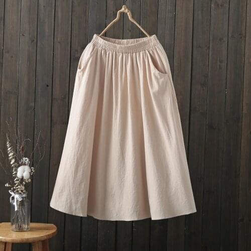 Cotton Linen Solid Women Skirts Summer New 2021 Elastic Loose A-Line Knee-Length Office Lady Clothing Top Quality