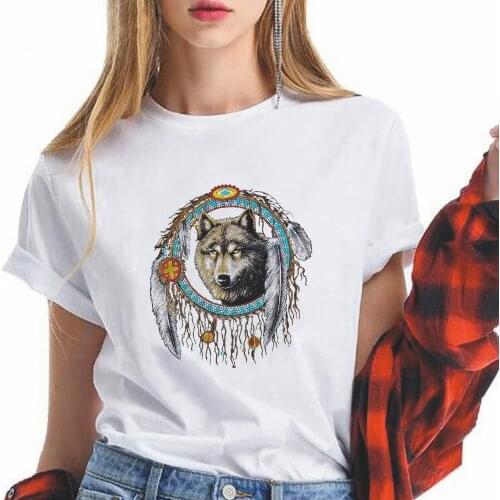 2021 Wolf New T-shirt Women White Vetement Feminino Short Sleeve Ring Wolf Printed T Shirt Trendy Vogue Exquisite O-Neck Tshirt