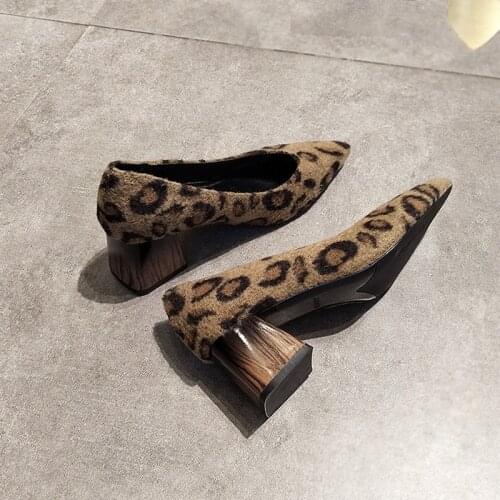 Leopard pattern thick high heels pointed toe shallow european woman shoes comfy fashion party sexy ladies pumps slip on footwear