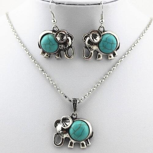 Blue Beads Elephant Jewelry Set Women Antique Silver Color Pendant Statement Charm Necklaces Drop Earrings Choker Accessories