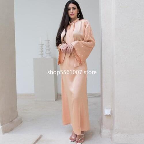 Women Beading Maxi Dress A Line Satin Long Sleeves Tie Neck Dubai Muslim Abaya Modest Islamic Clothes Turkey Party Eid Jalabiya