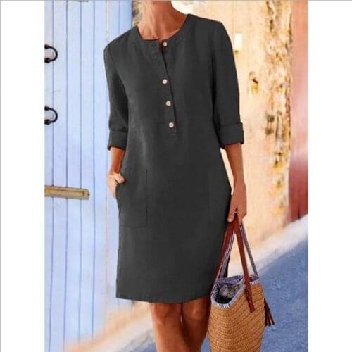 Full 2021 Lady Turtleneck Dress Women COTTON LINEN Dress Single Breasted Natural Fiber fabric Loose Plus Size 5XL